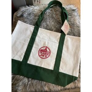 Trader Joe's Canvas Beige Green Tote Bag New